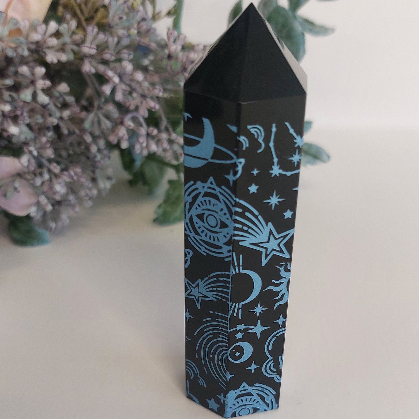 Black Obsidian Etched Blue Tower
