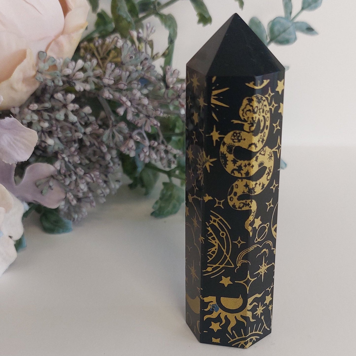 Black Obsidian Etched Gold Tower