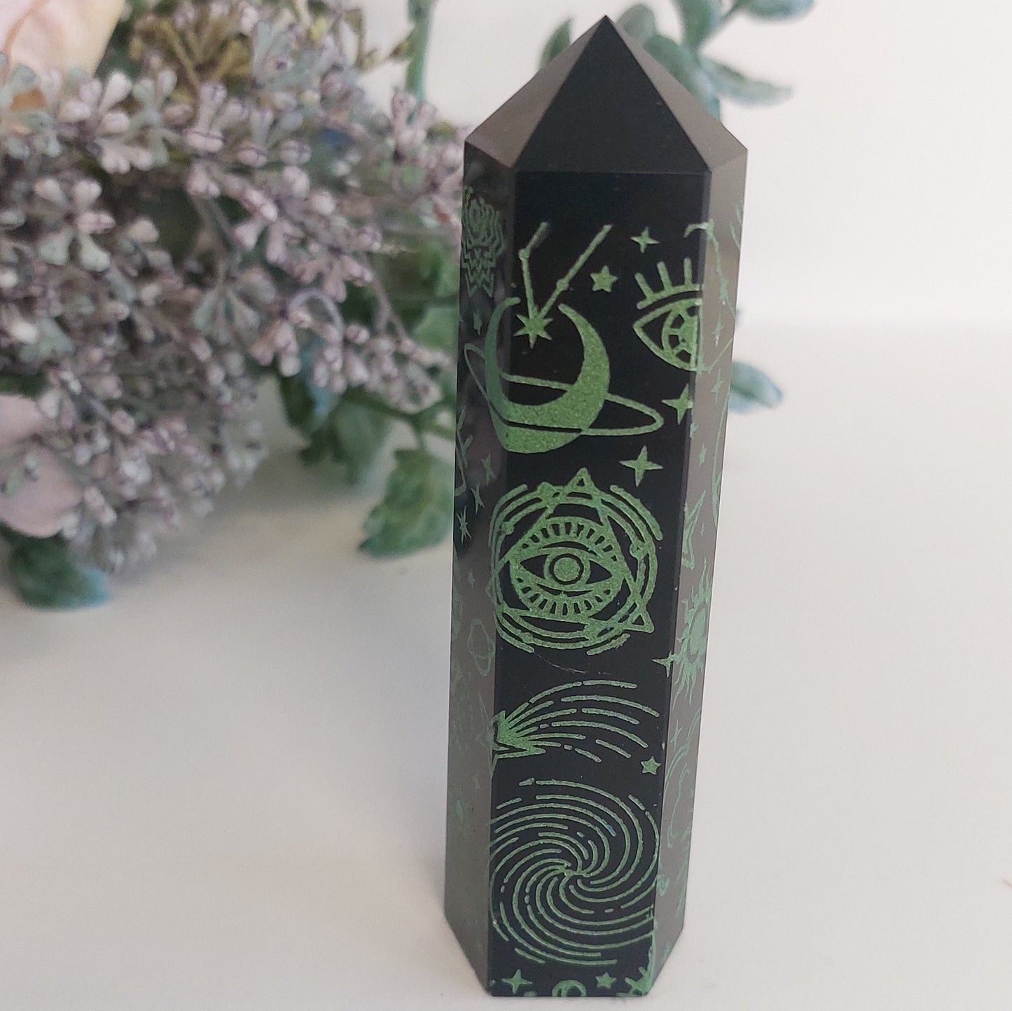 Black Obsidian Etched Green Tower