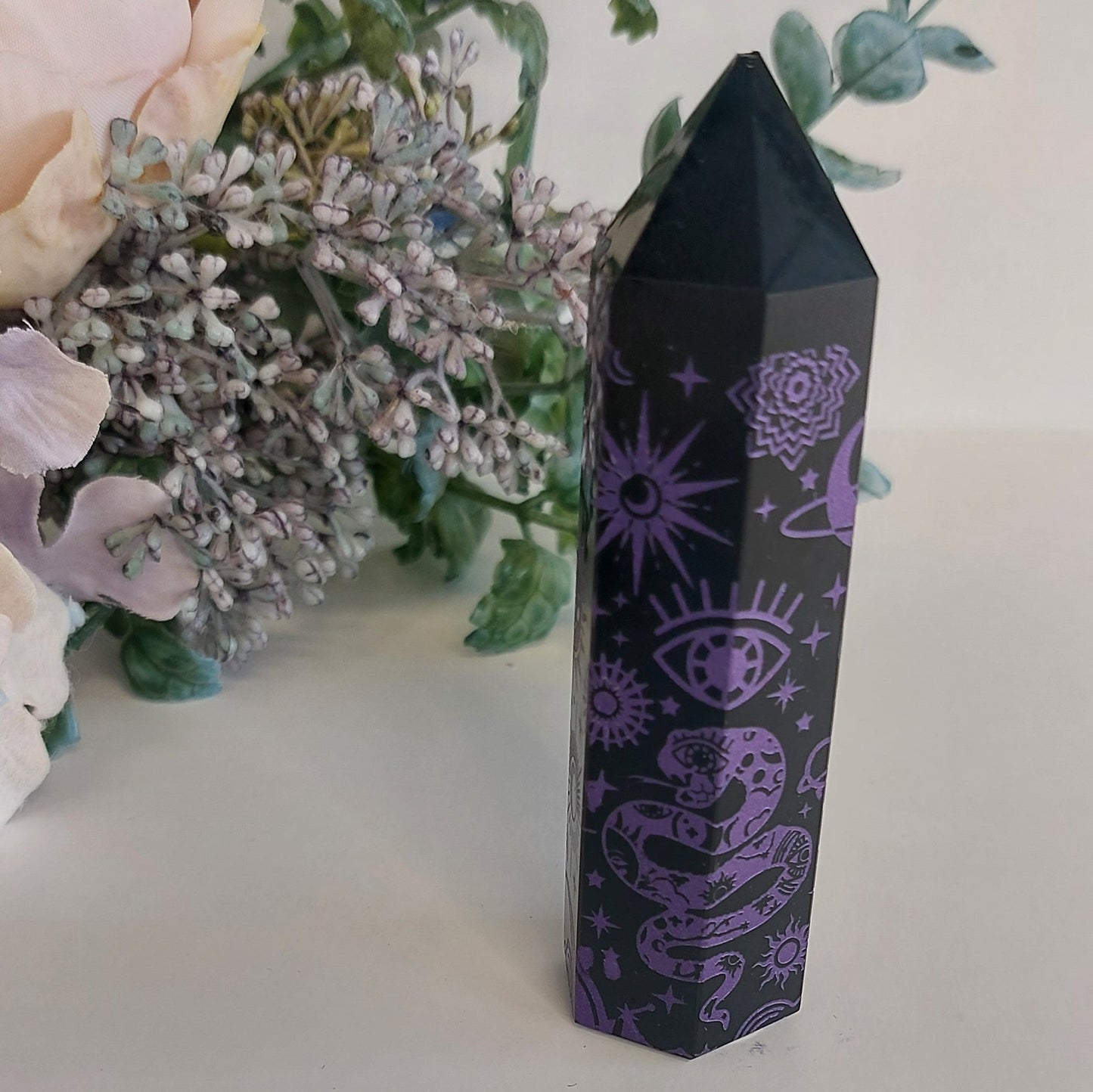 Black Obsidian Etched Purple Tower
