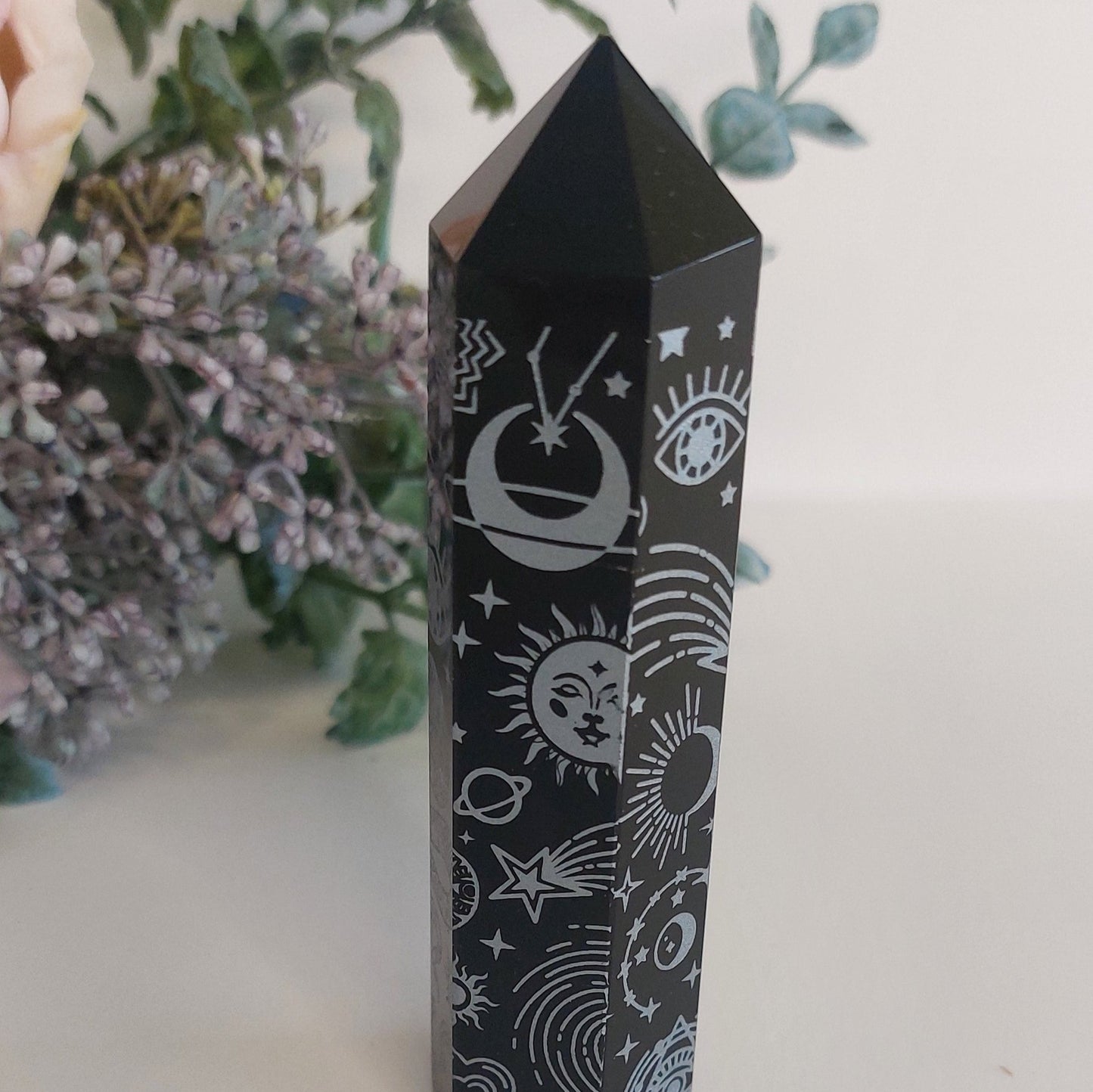 Black Obsidian Etched Silver Tower