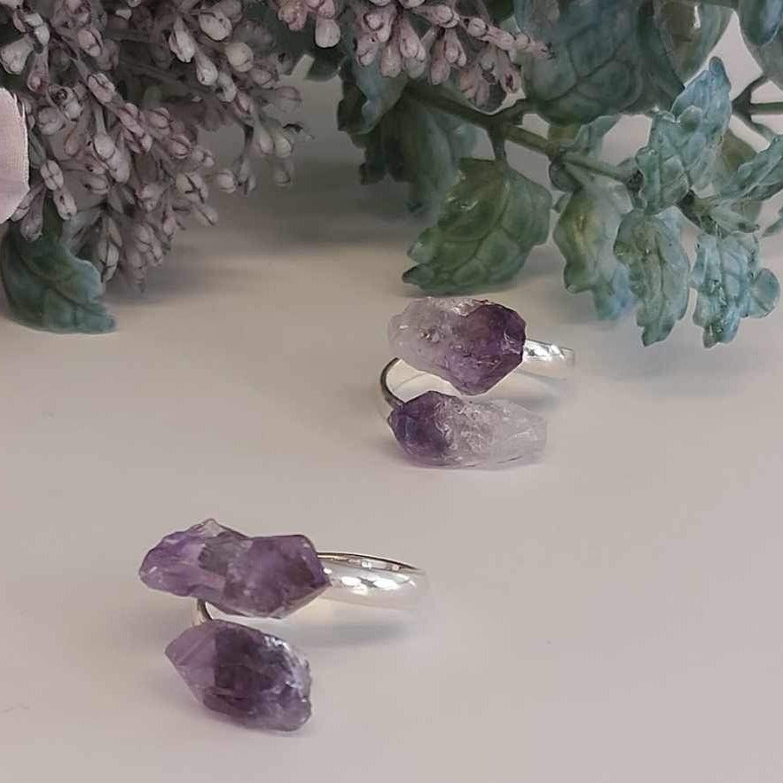 Crystal Duo- Raw Amethyst - Adjustable Rings
