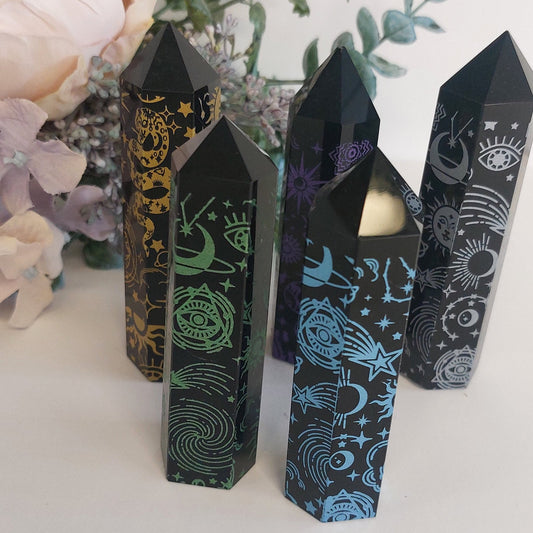 Black Obsidian Etched Towers