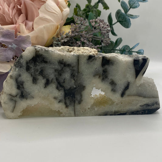 Clear Quartz Druze on Black Rhyolite – 239g | Ethically Sourced
